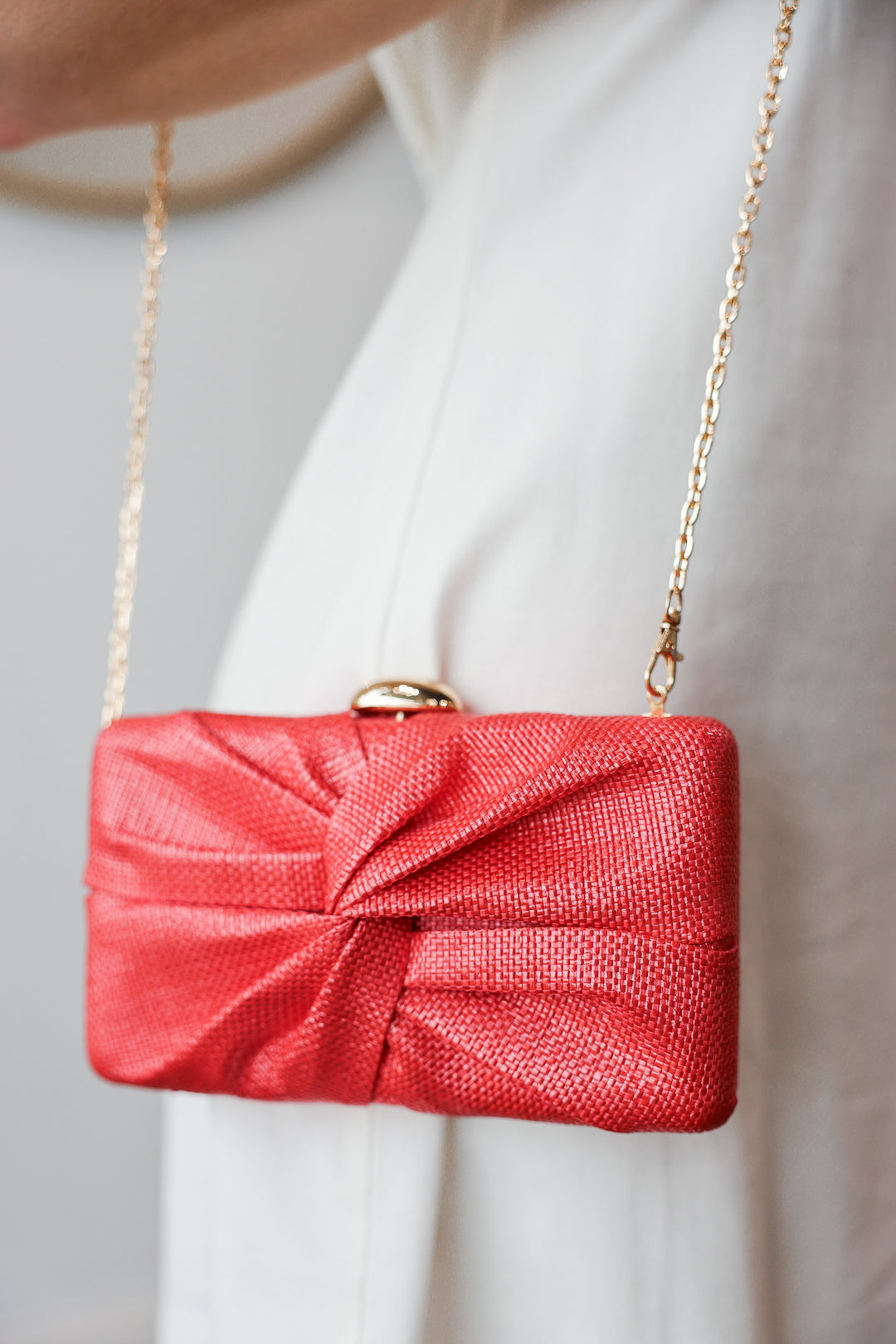 Straw Clutch With Chain Strap - Coral