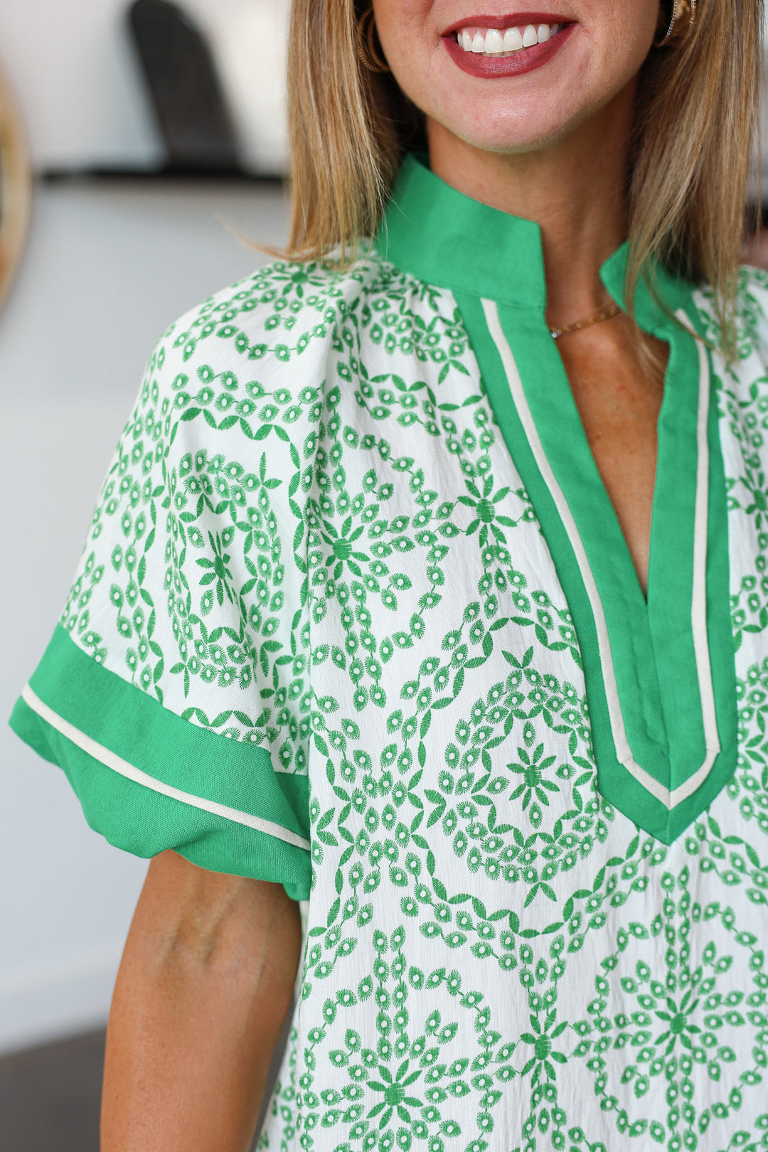 Border Trim Printed Top - Green