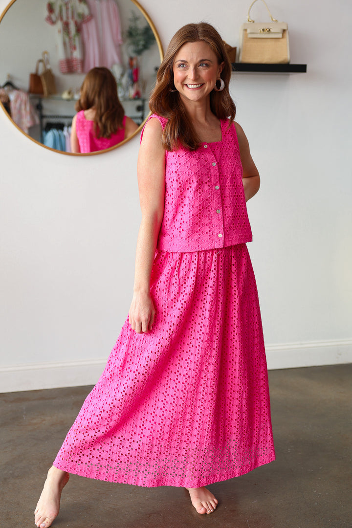 Button Front Eyelet Top - Pink