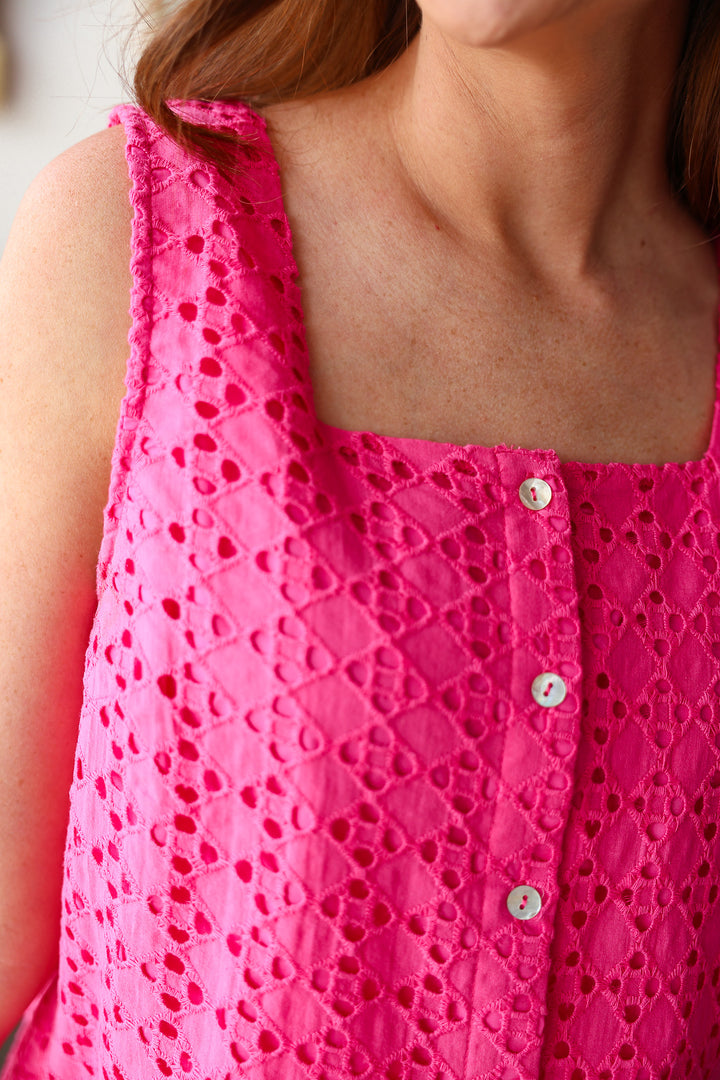 Button Front Eyelet Top - Pink