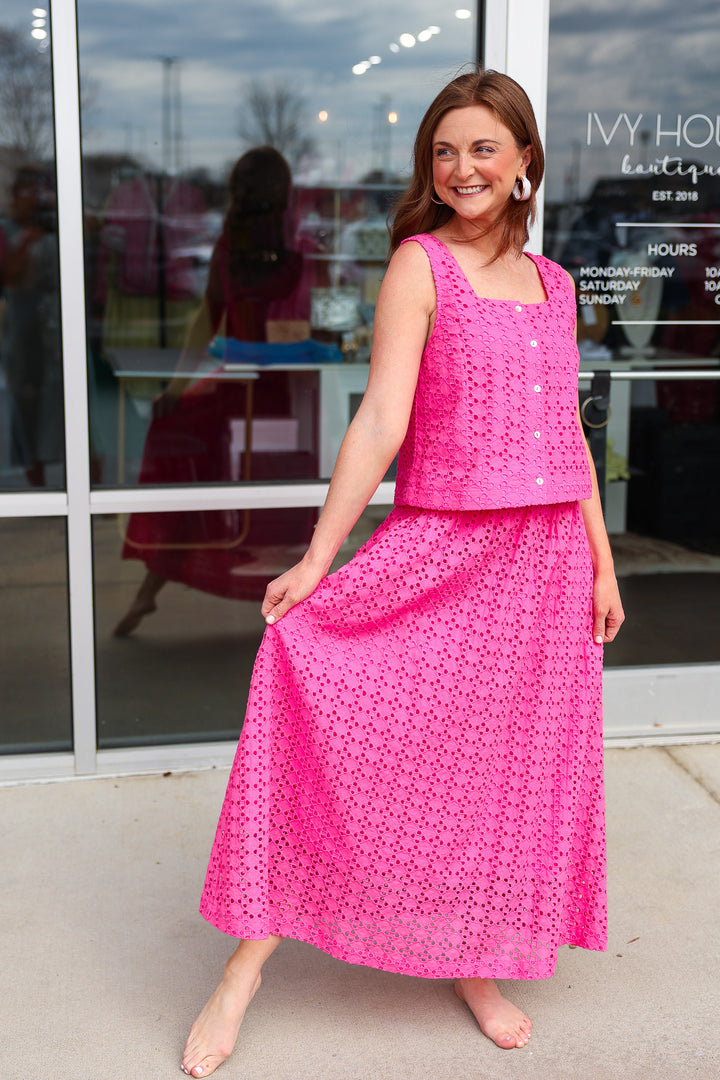 Button Front Eyelet Top - Pink