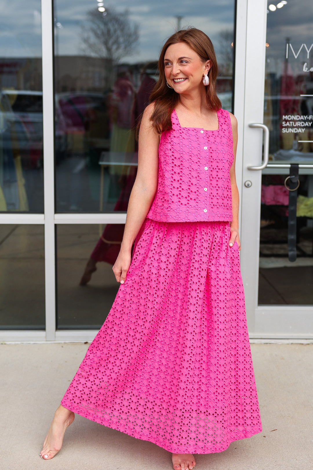 Button Front Eyelet Top - Pink