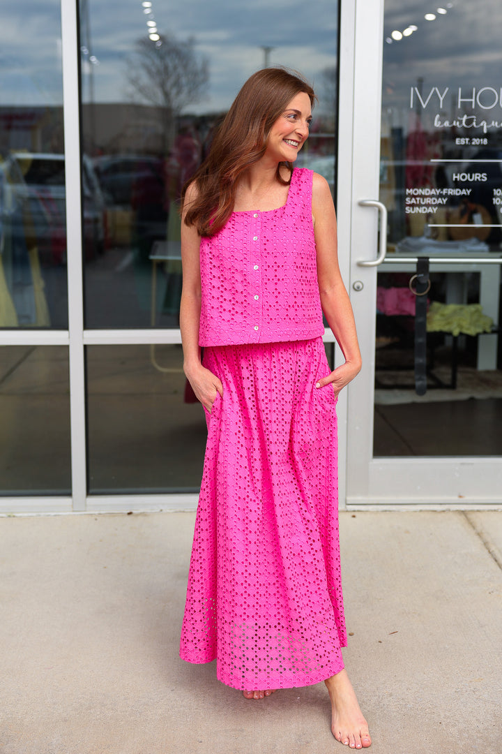 Button Front Eyelet Top - Pink