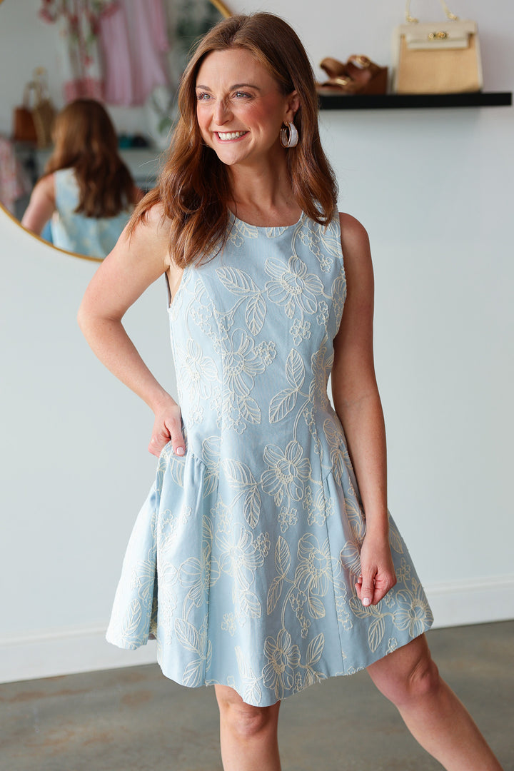 Fit & Flare Embroidered Dress - Light Blue