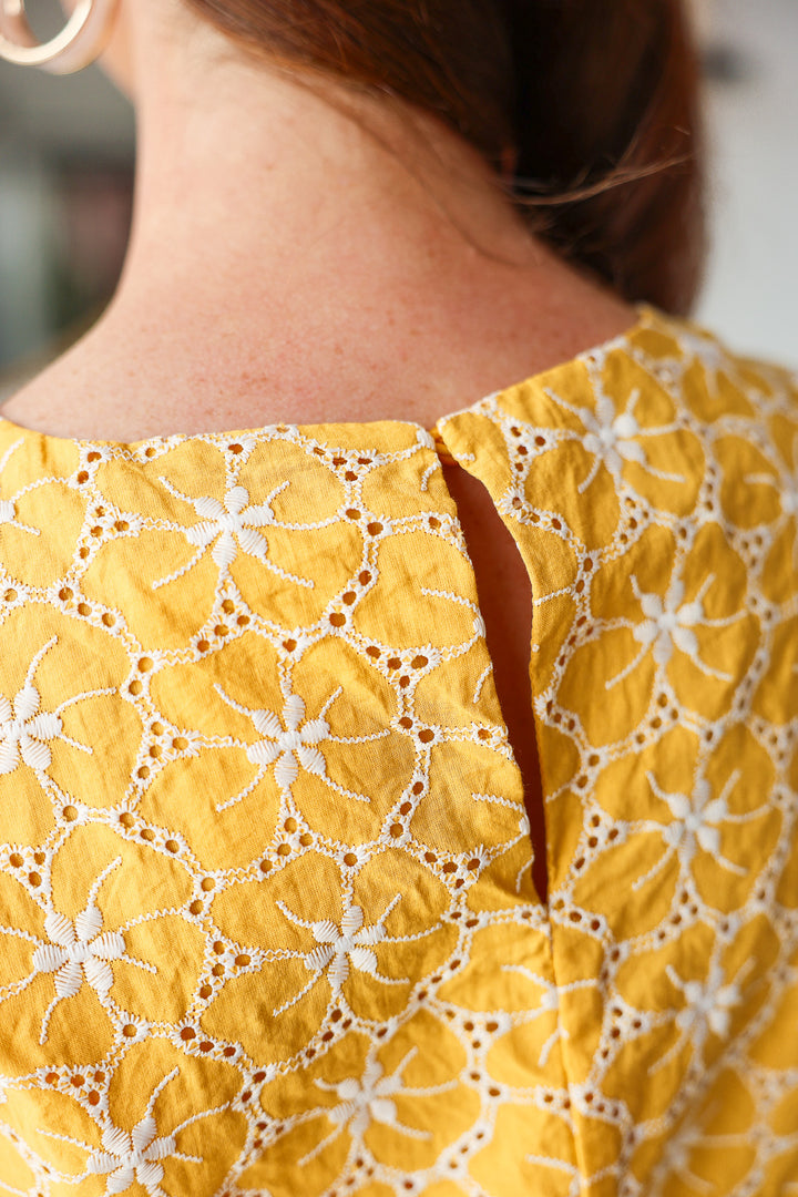 Embroidered Lace Trim Top - Yellow