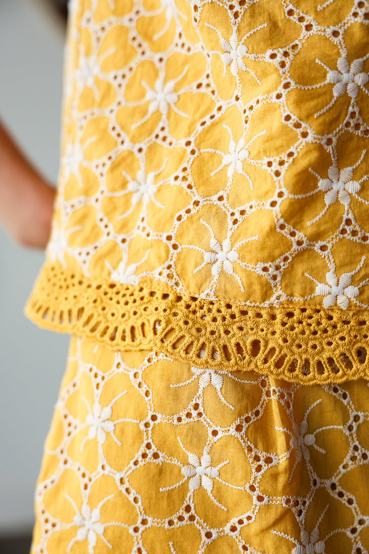 Embroidered Lace Trim Top - Yellow