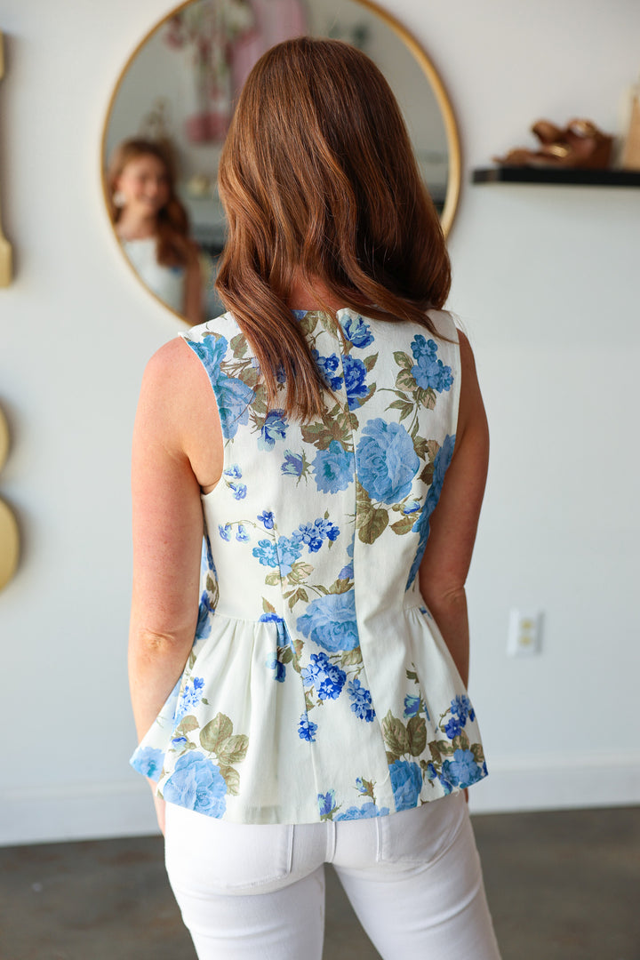 Denim Floral Peplum Top - Blue