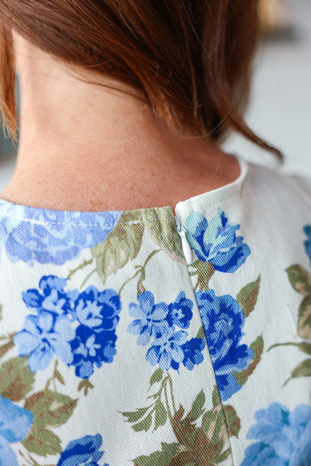 Denim Floral Peplum Top - Blue