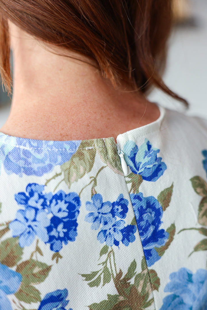 Denim Floral Peplum Top - Blue