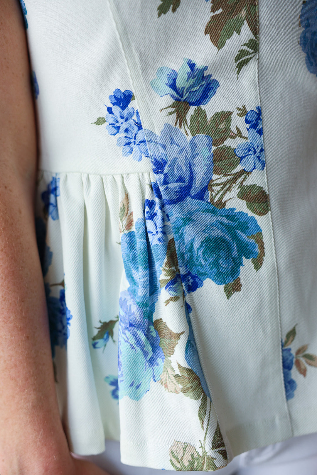 Denim Floral Peplum Top - Blue