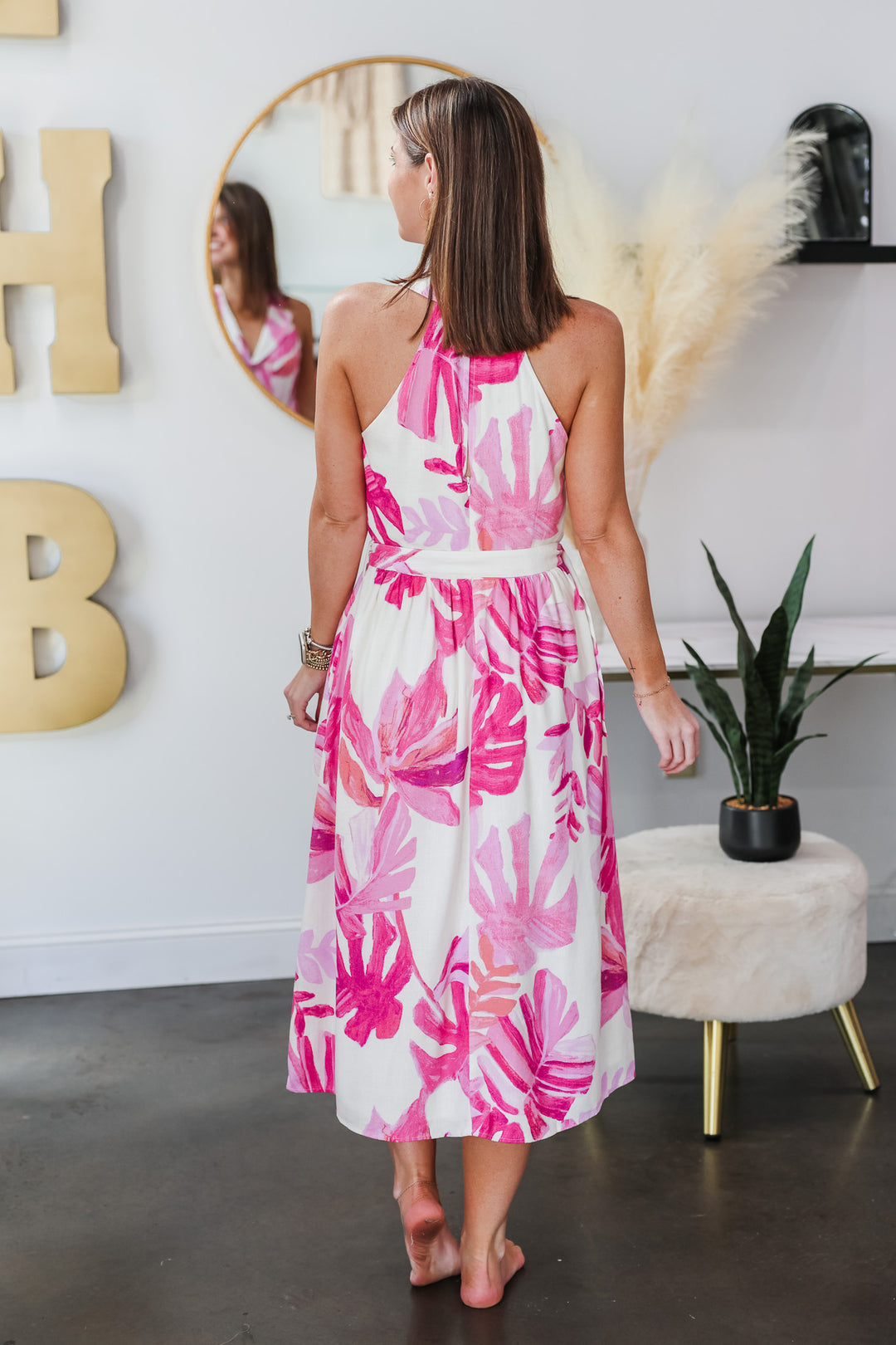 Tropical Print Belted Dress - White/Pink