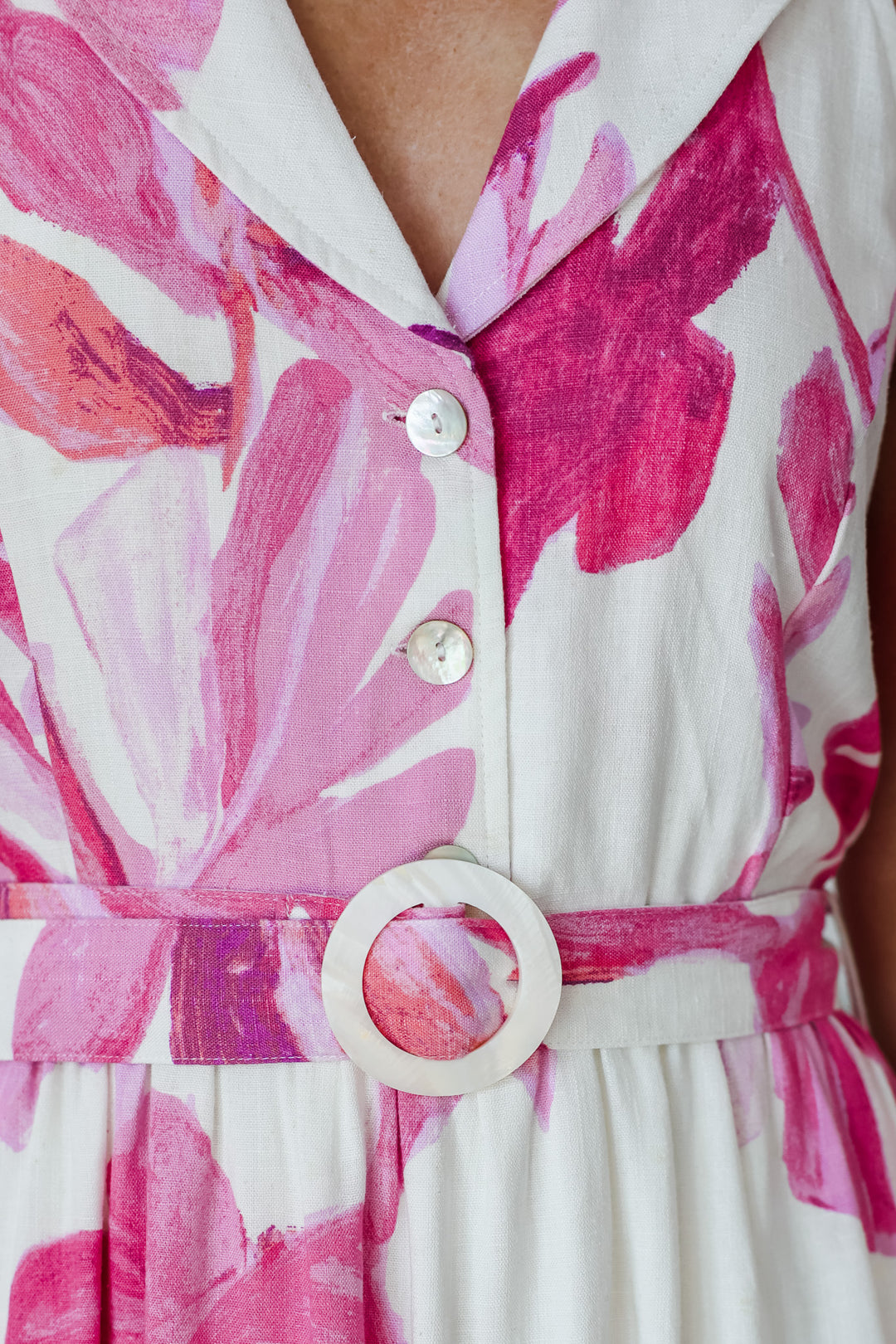 Tropical Print Belted Dress - White/Pink