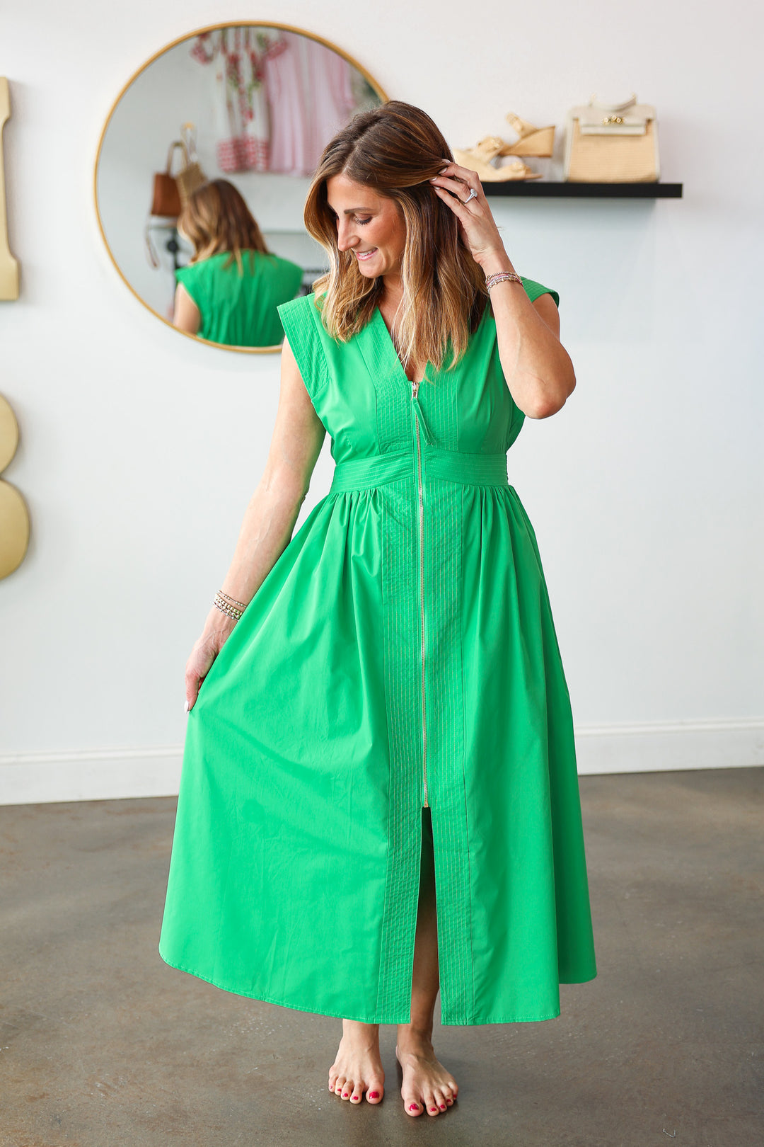 Front Zip Midi Dress - Green