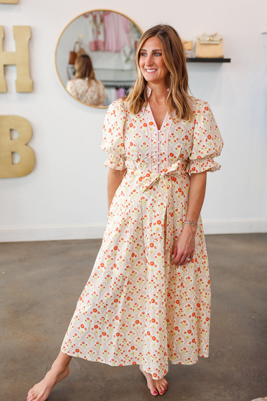 Tie Waist Mini Floral Maxi Dress - Peach