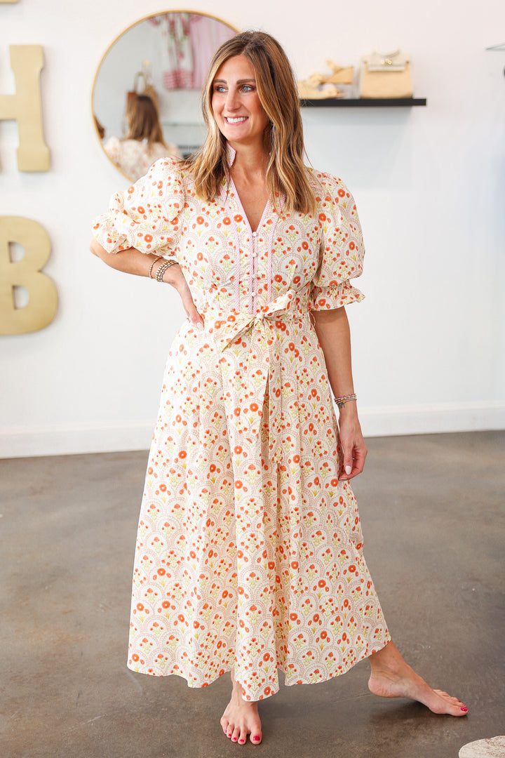 Tie Waist Mini Floral Maxi Dress - Peach