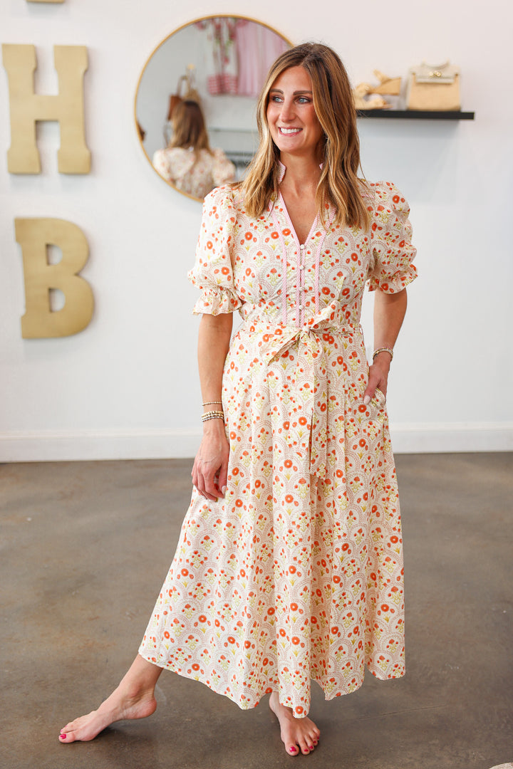 Tie Waist Mini Floral Maxi Dress - Peach