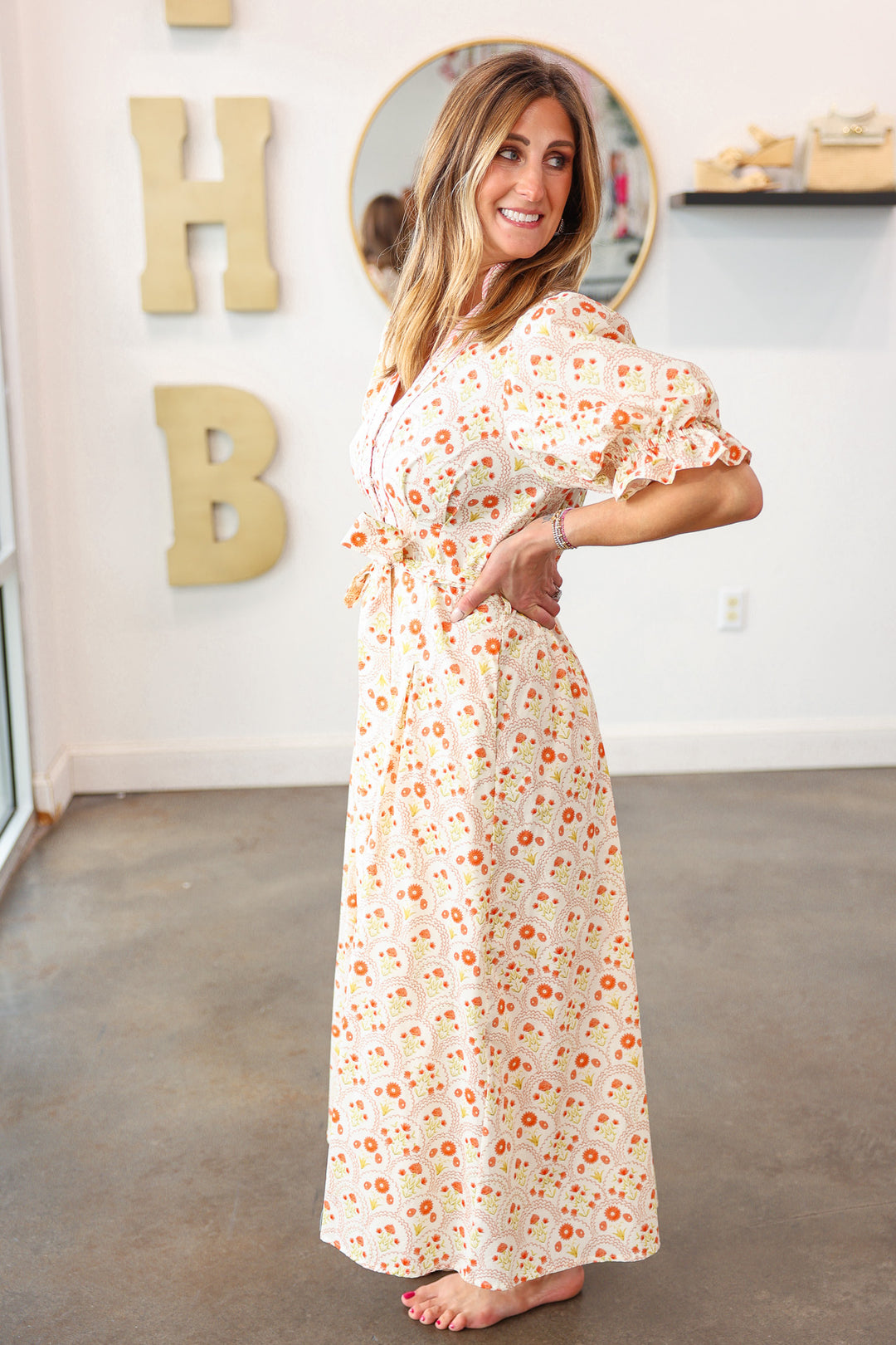 Tie Waist Mini Floral Maxi Dress - Peach