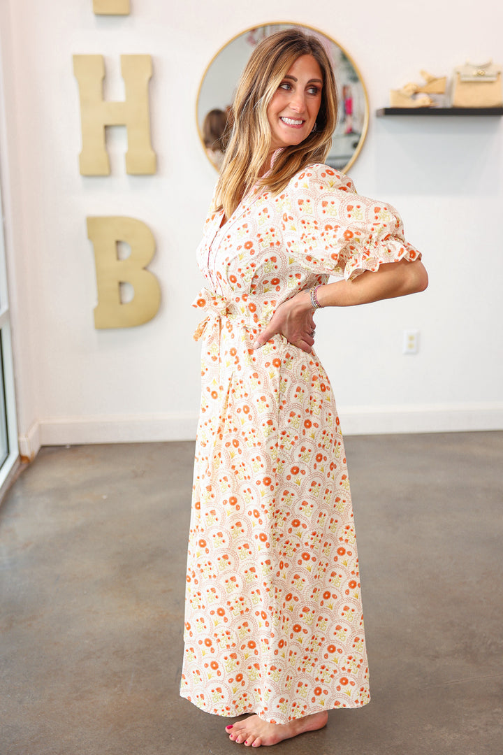 Tie Waist Mini Floral Maxi Dress - Peach