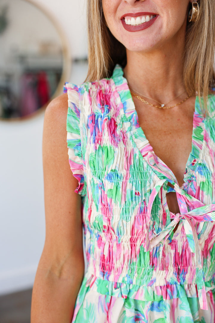 Floral Peplum Smocked Tank - Pink