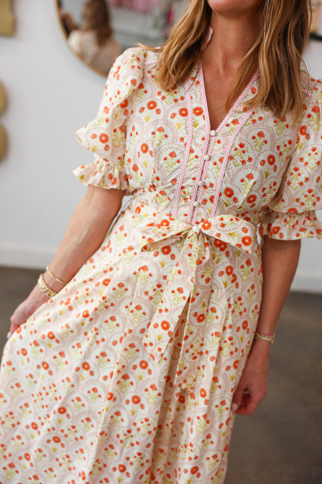 Tie Waist Mini Floral Maxi Dress - Peach
