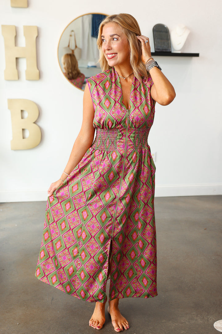 Zip Front Smocked Dress - Olive