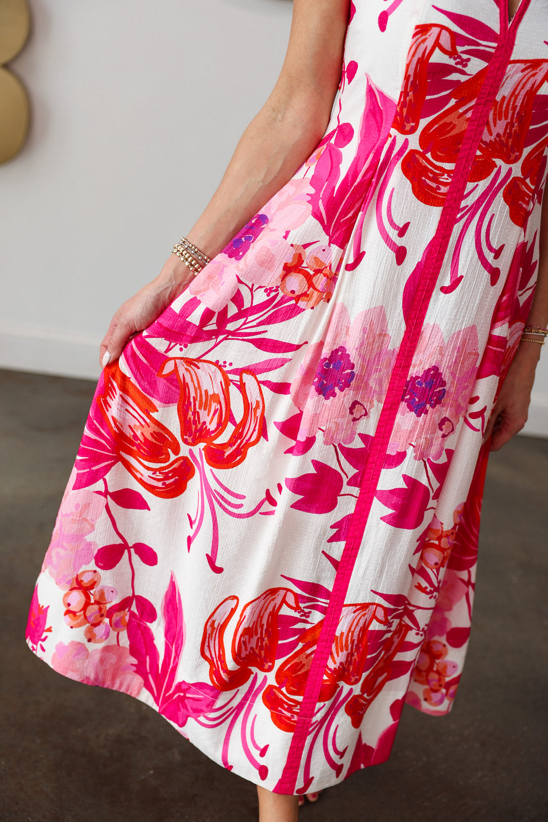 Floral Print Midi Dress - Fuchsia