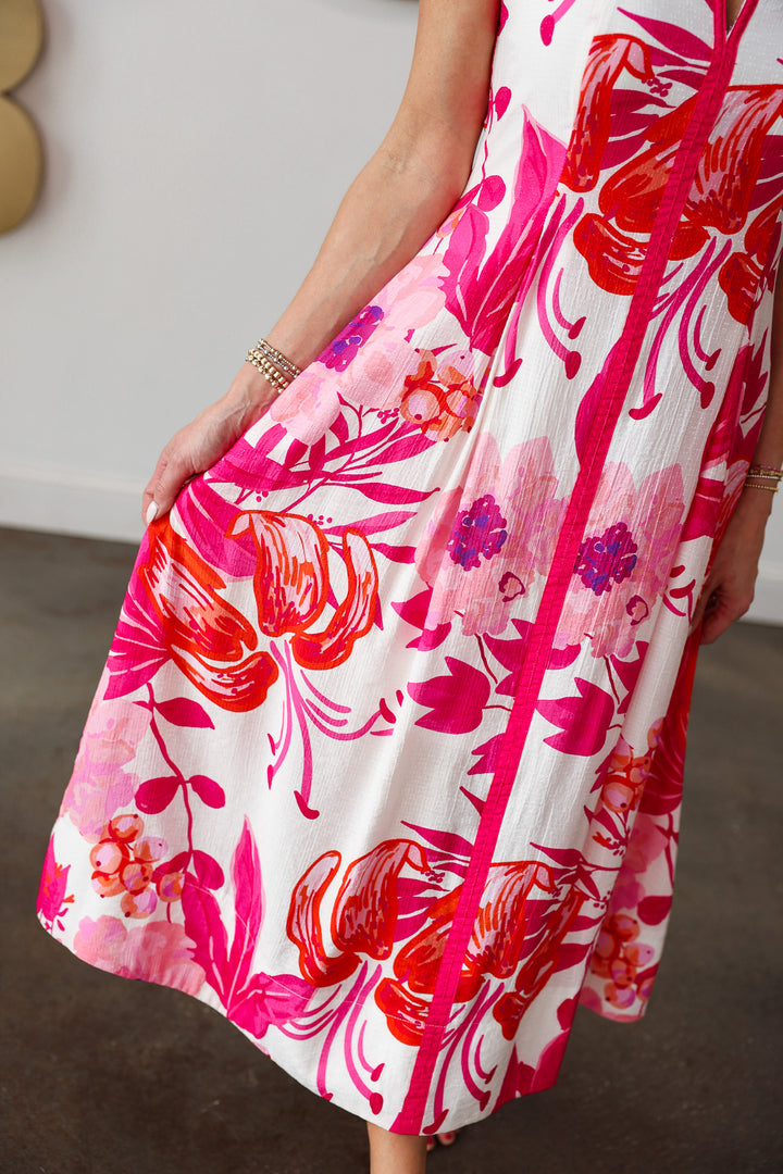 Floral Print Midi Dress - Fuchsia
