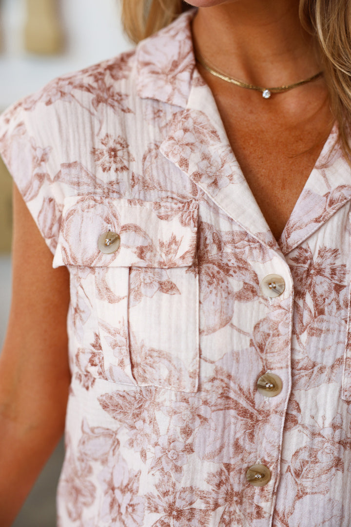 Printed Button Down Gauze Top