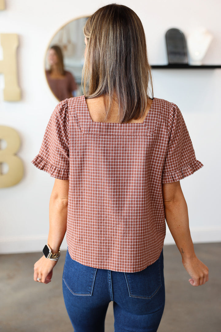 Plaid Button Front Blouse - Brown