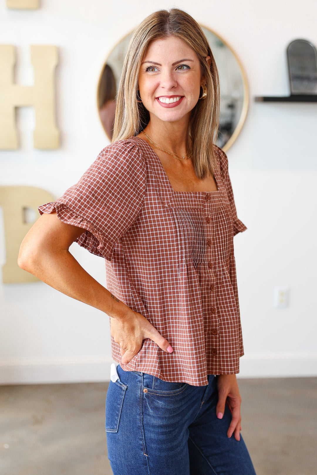Plaid Button Front Blouse - Brown