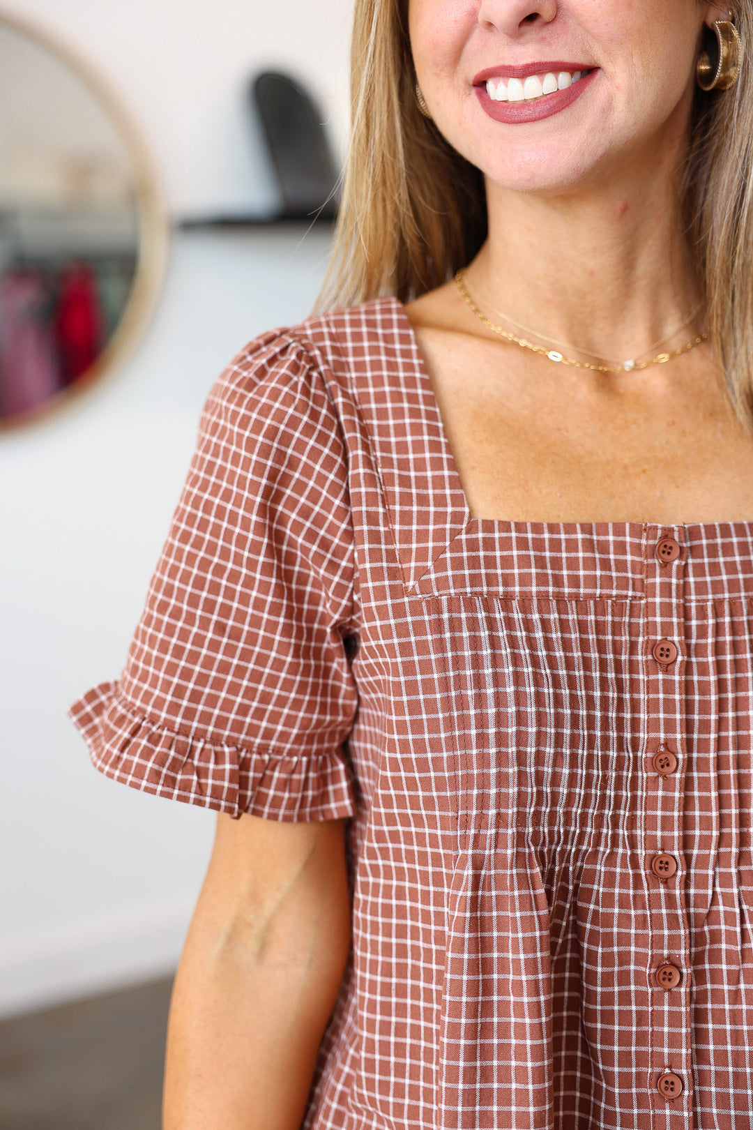 Plaid Button Front Blouse - Brown