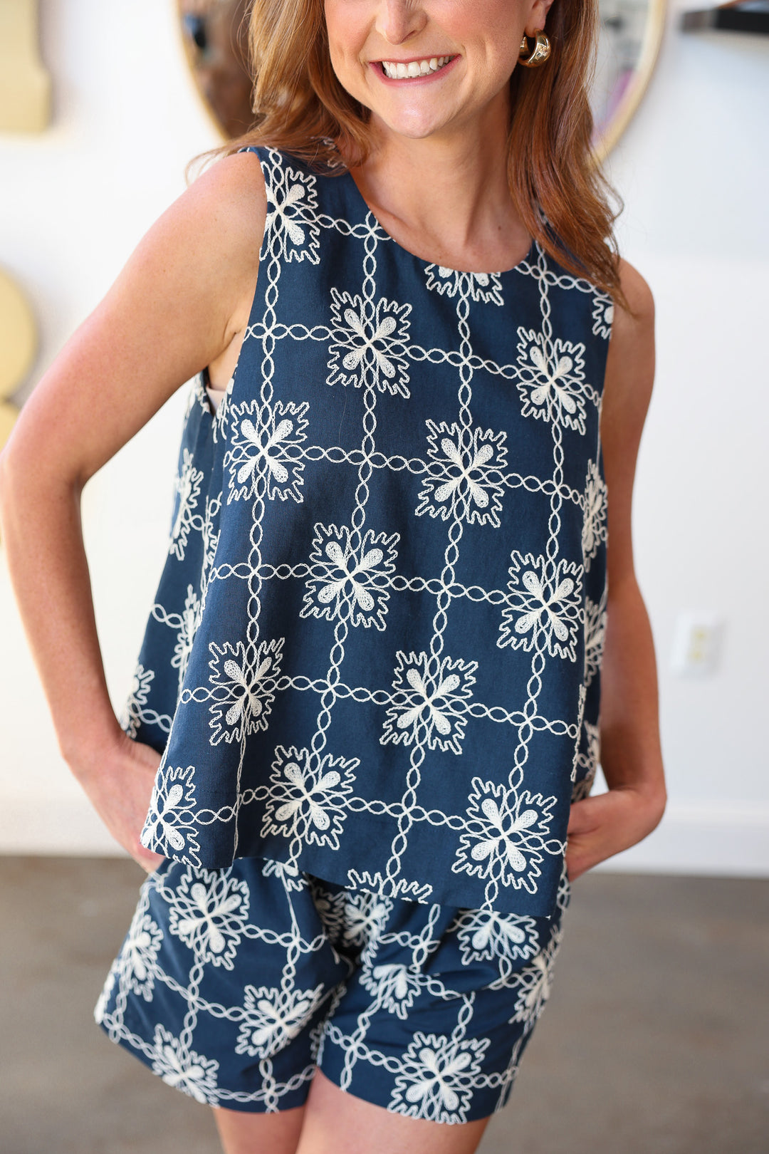 Embroidered Pattern Tank - Navy