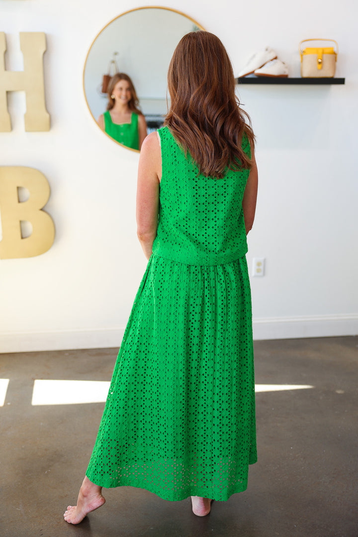 Button Front Eyelet Top - Green
