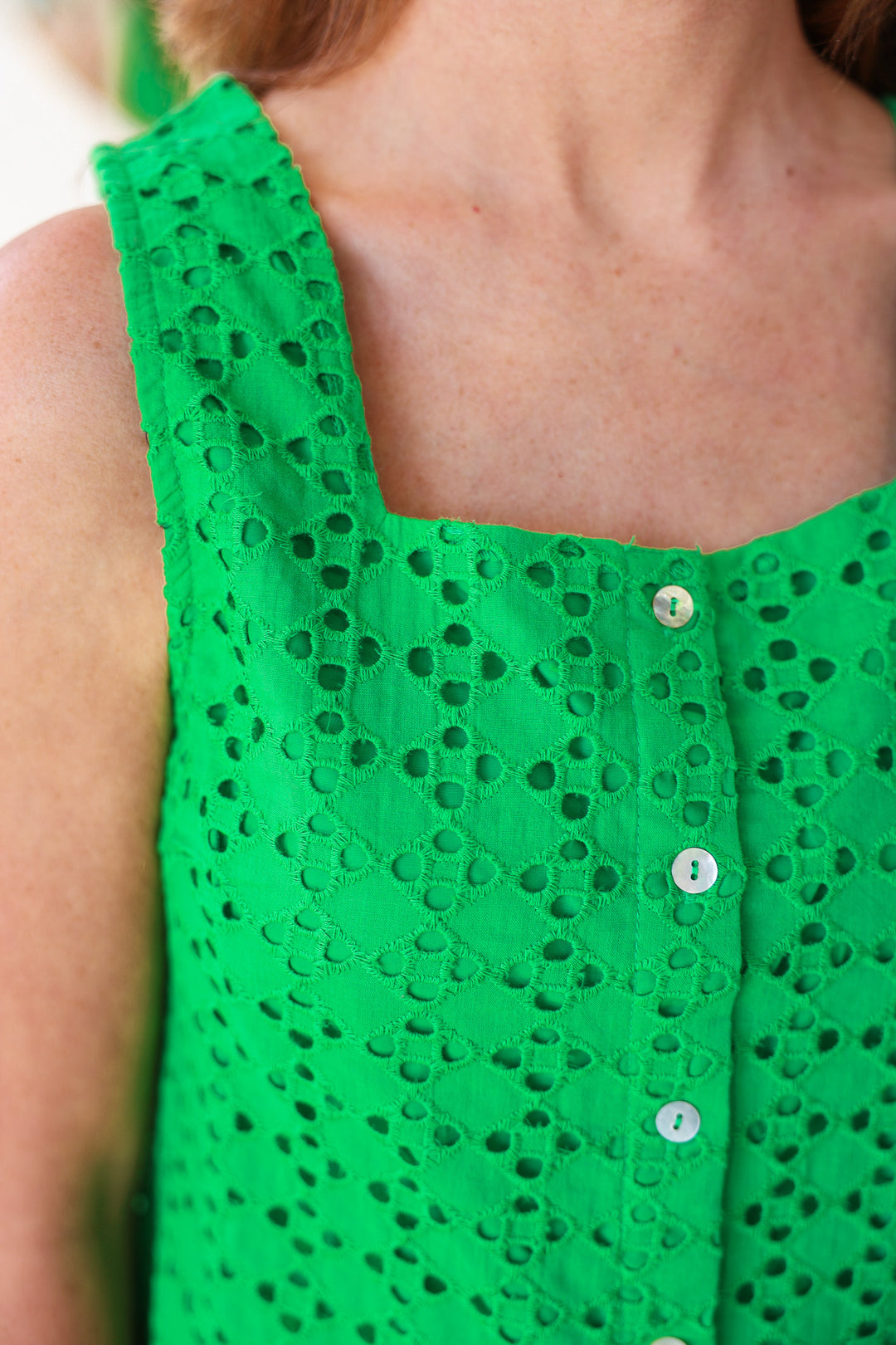 Button Front Eyelet Top - Green