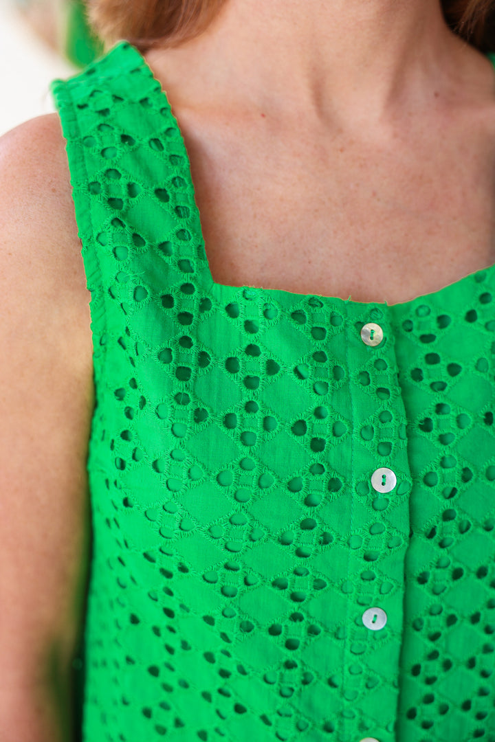 Button Front Eyelet Top - Green