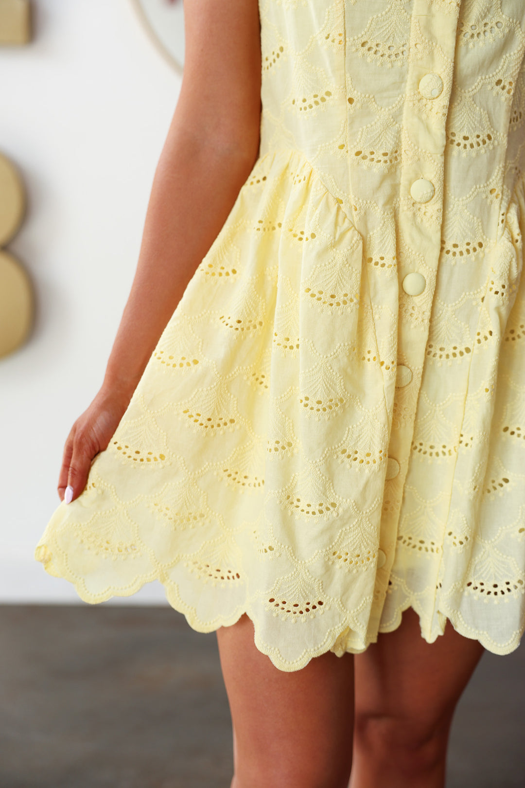 Eyelet Button Front Dress - Lemon