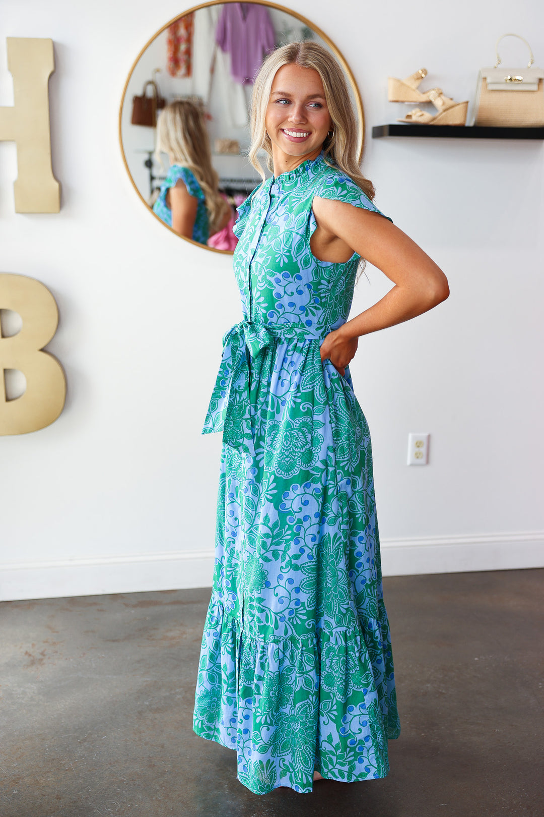 Tie Waist Button Front Dress - Blue