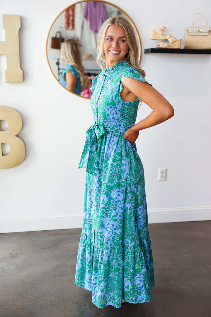 Tie Waist Button Front Dress - Blue