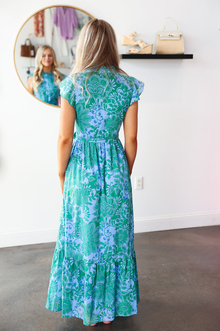 Tie Waist Button Front Dress - Blue