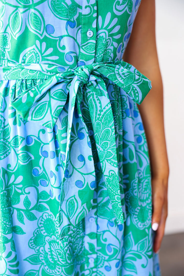 Tie Waist Button Front Dress - Blue