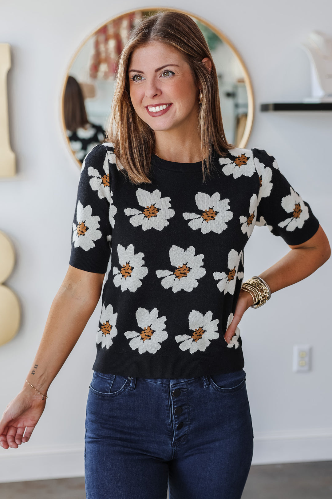 Flower Print Sweater - Black