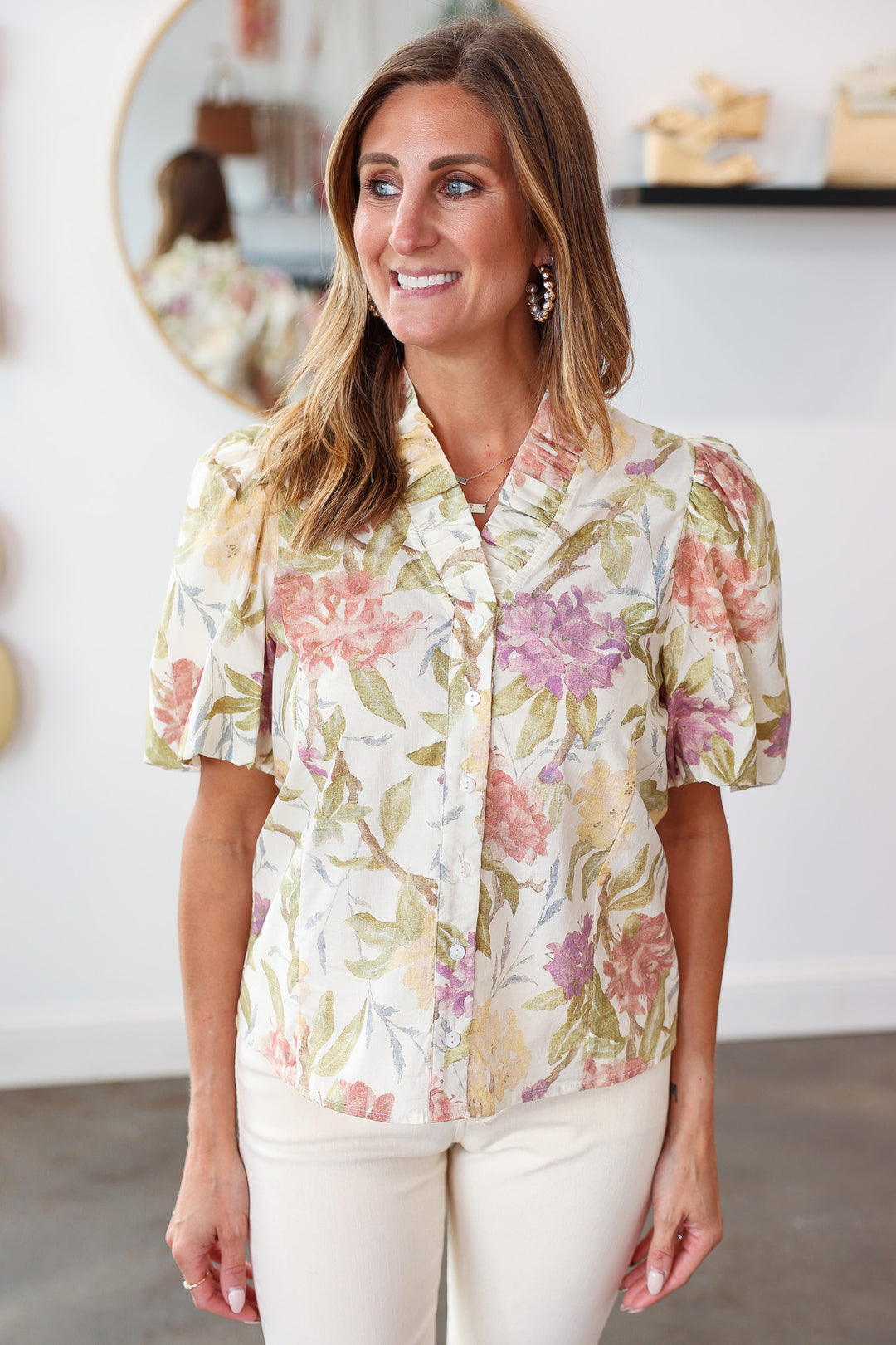 Ruffle Trim Floral Top - Ecru