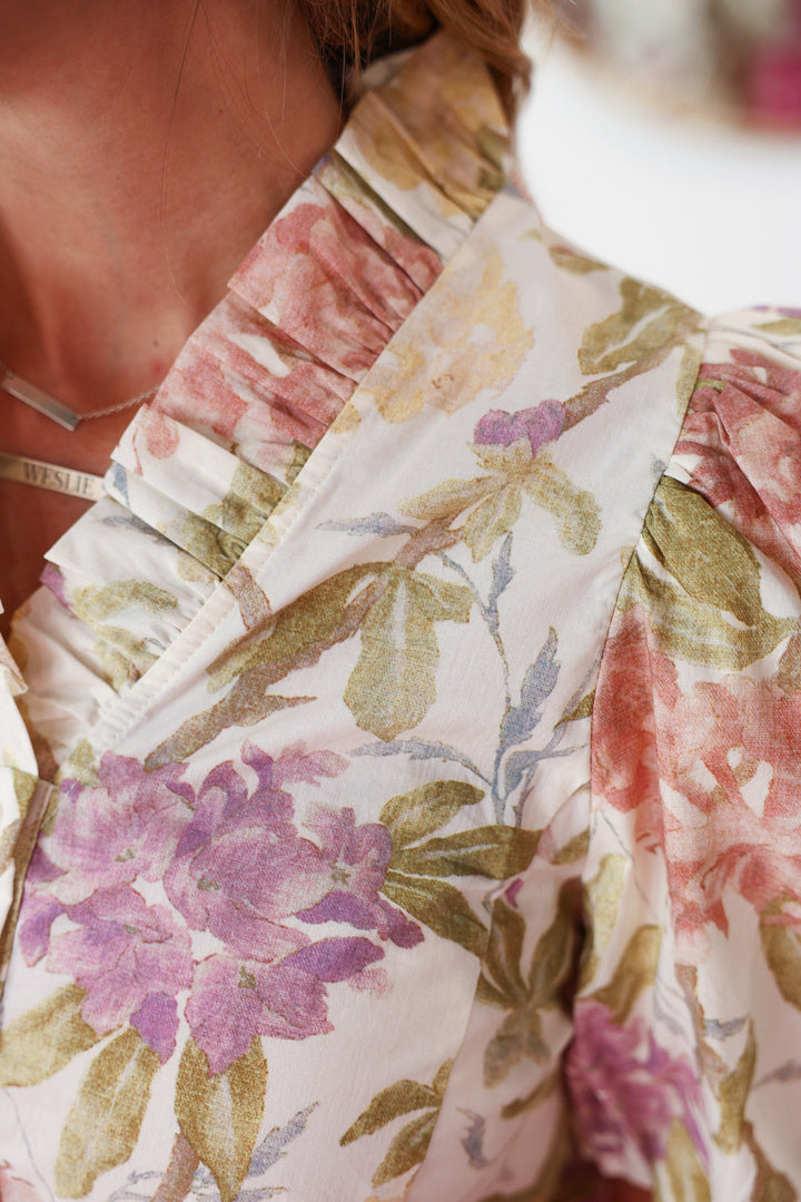 Ruffle Trim Floral Top - Ecru