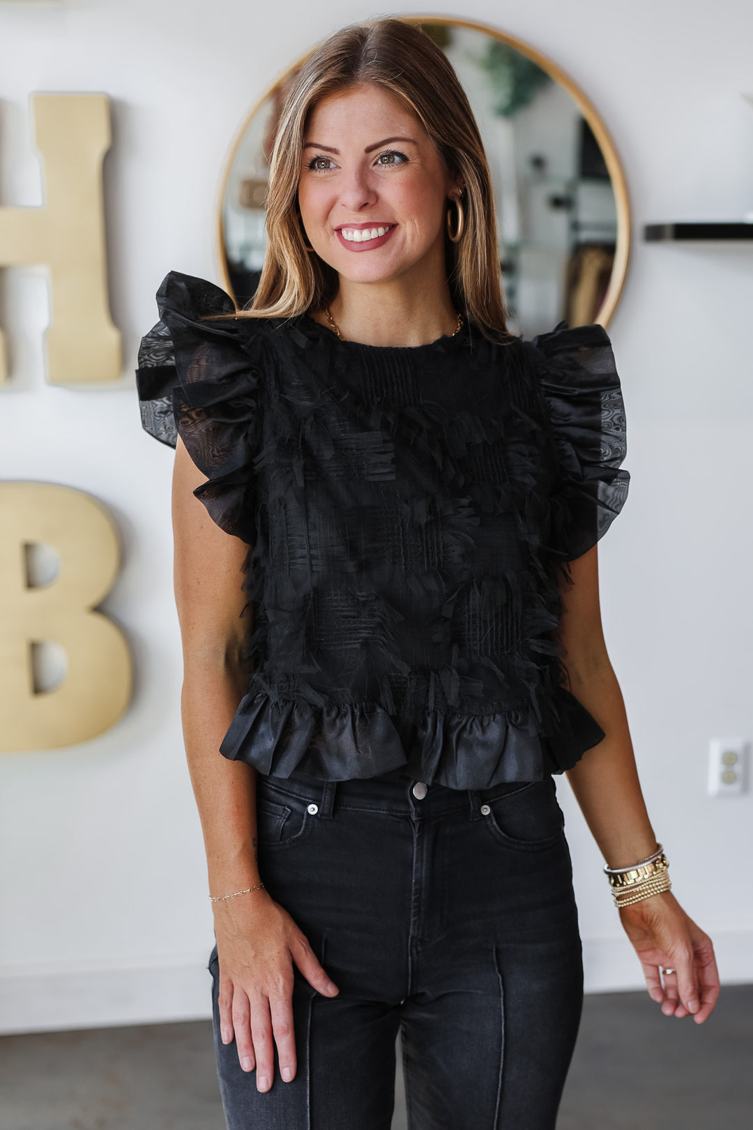 Fringe Ruffle Top - Black