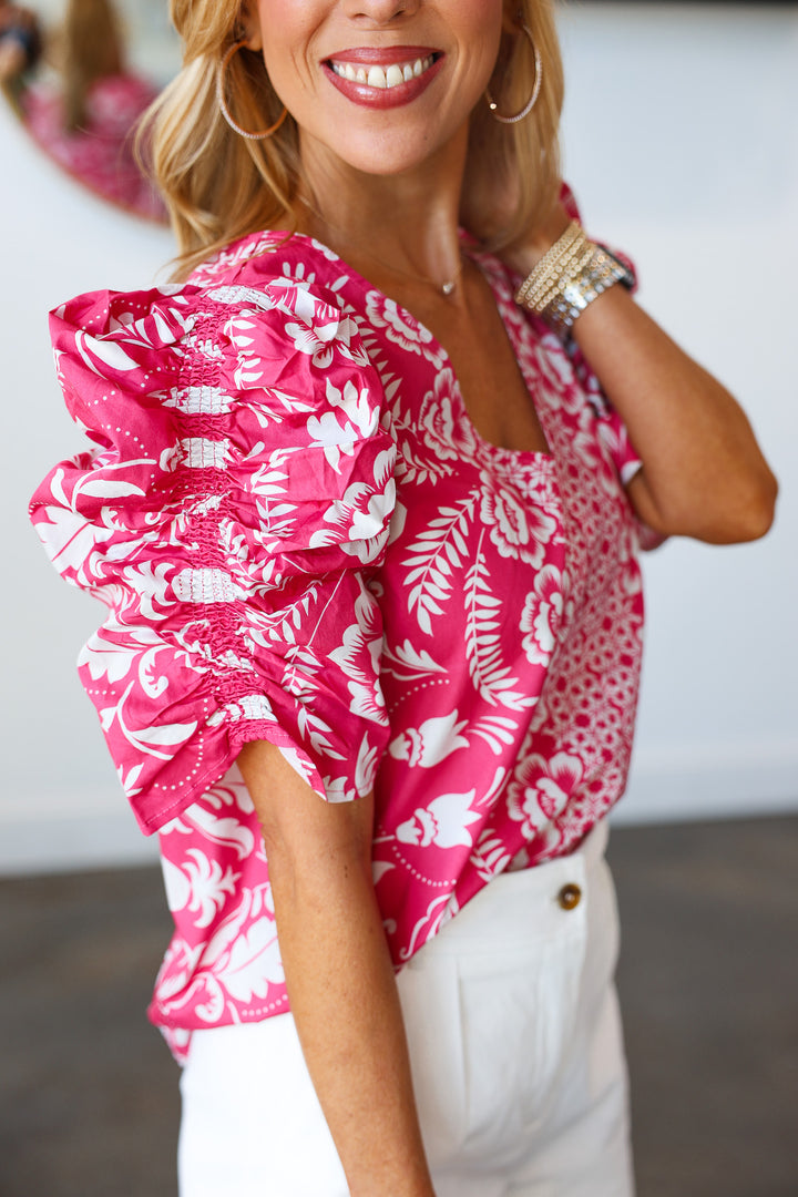 Printed Ruched Sleeve Blouse - Pink