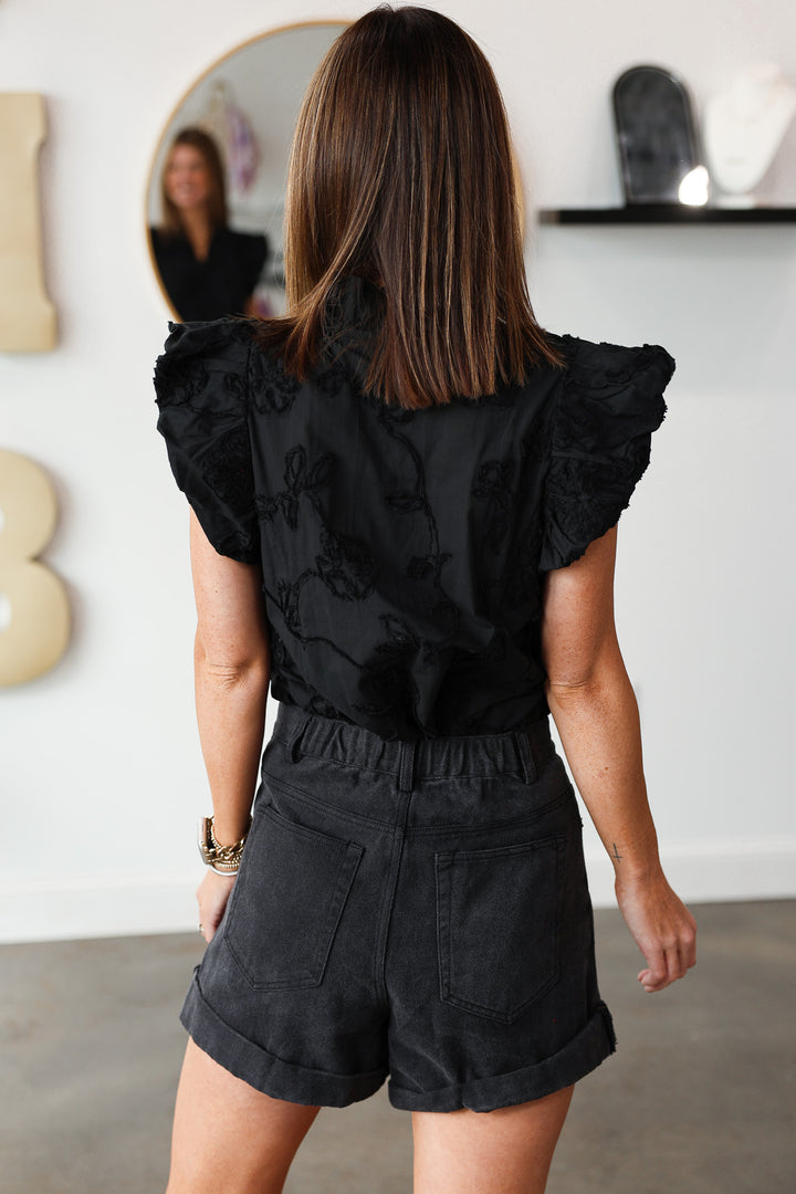 Embroidered V Neck Top - Black