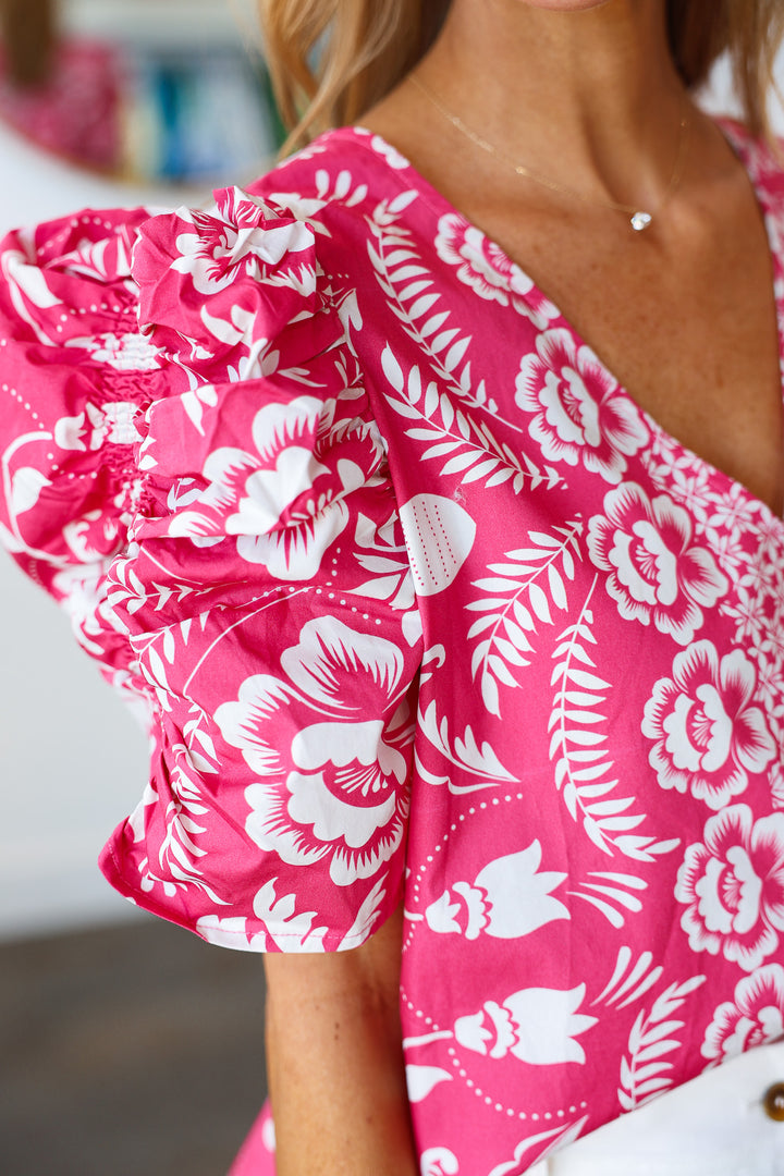 Printed Ruched Sleeve Blouse - Pink