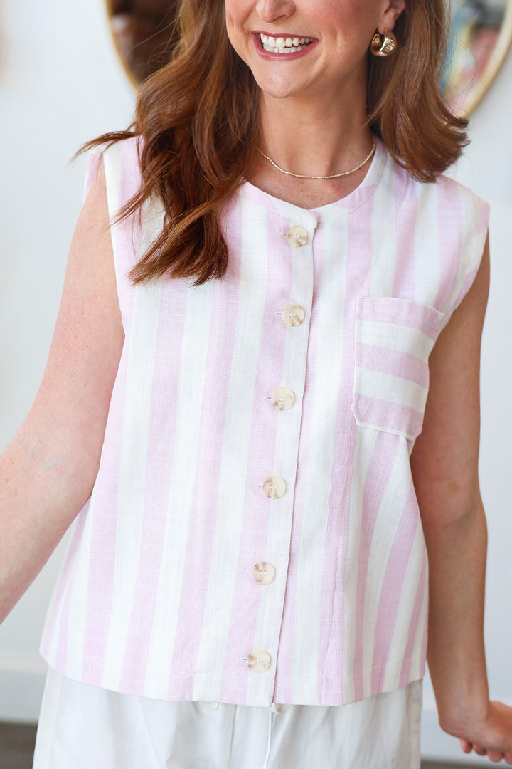 Striped Button Front Top - Pink