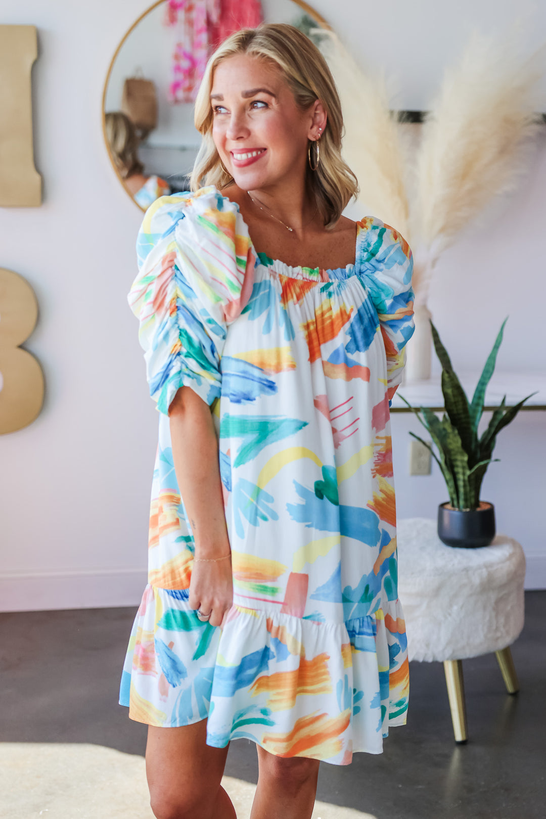 Watercolor Printed Dress - Blue