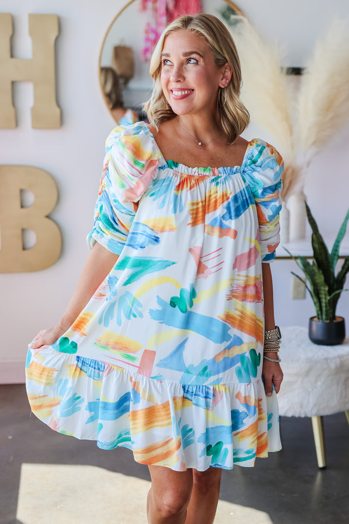 Watercolor Printed Dress - Blue